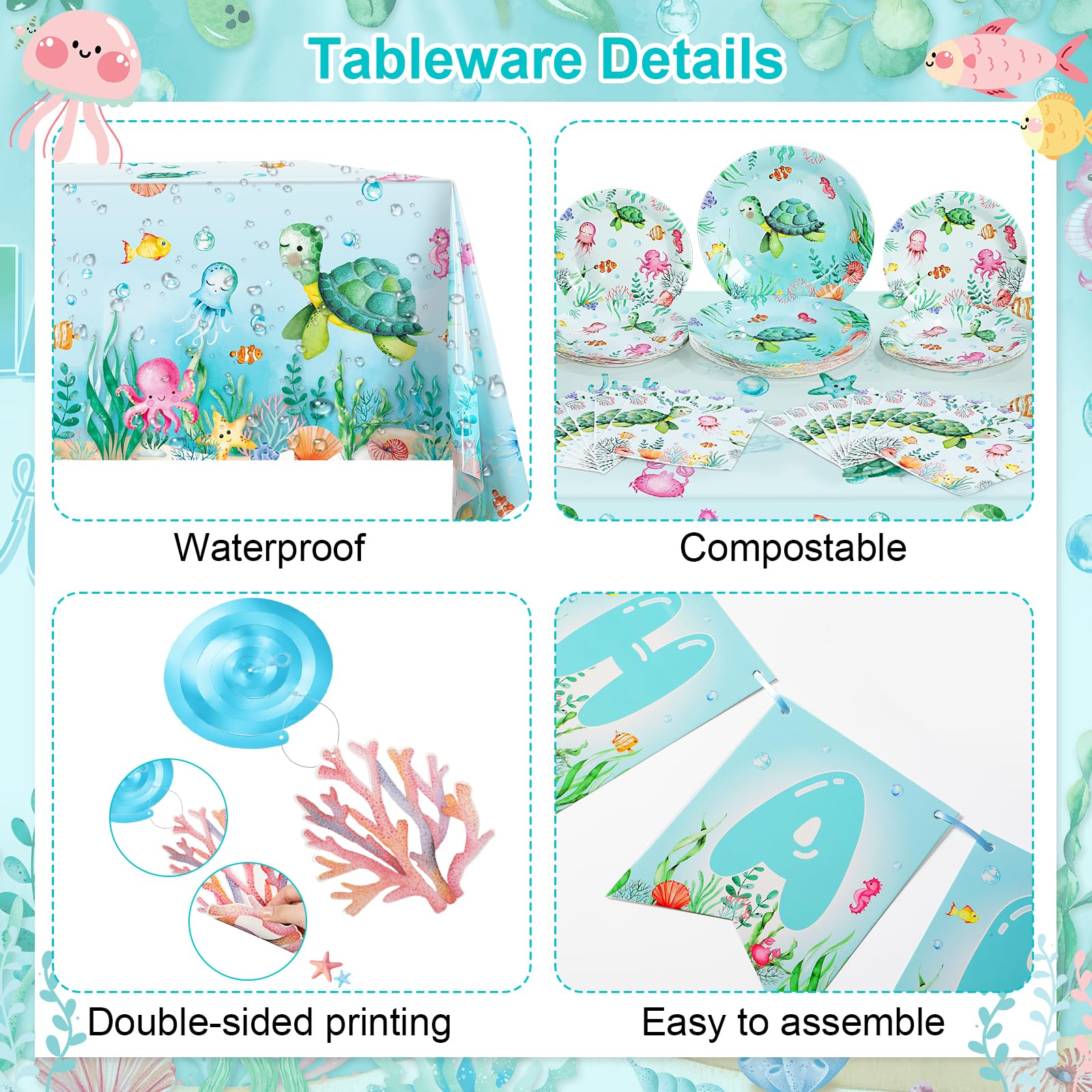 Libima 189 Pcs Sea Turtle Birthday Decorations Ocean Sea Party Tableware Turtle Plates Napkins with Sea Animal Cups Tablecloth Hanging Swirl for Under the Sea Baby Shower Turtle Pool Party Supplies