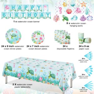 Libima 189 Pcs Sea Turtle Birthday Decorations Ocean Sea Party Tableware Turtle Plates Napkins with Sea Animal Cups Tablecloth Hanging Swirl for Under the Sea Baby Shower Turtle Pool Party Supplies