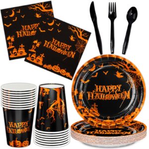 dylives halloween party supplies, orange gold foil halloween pumpkin cemetery bats dinnerware, includes 9" plates, napkins cups cutlery halloween birthday party decorations for kids adults, serve 24