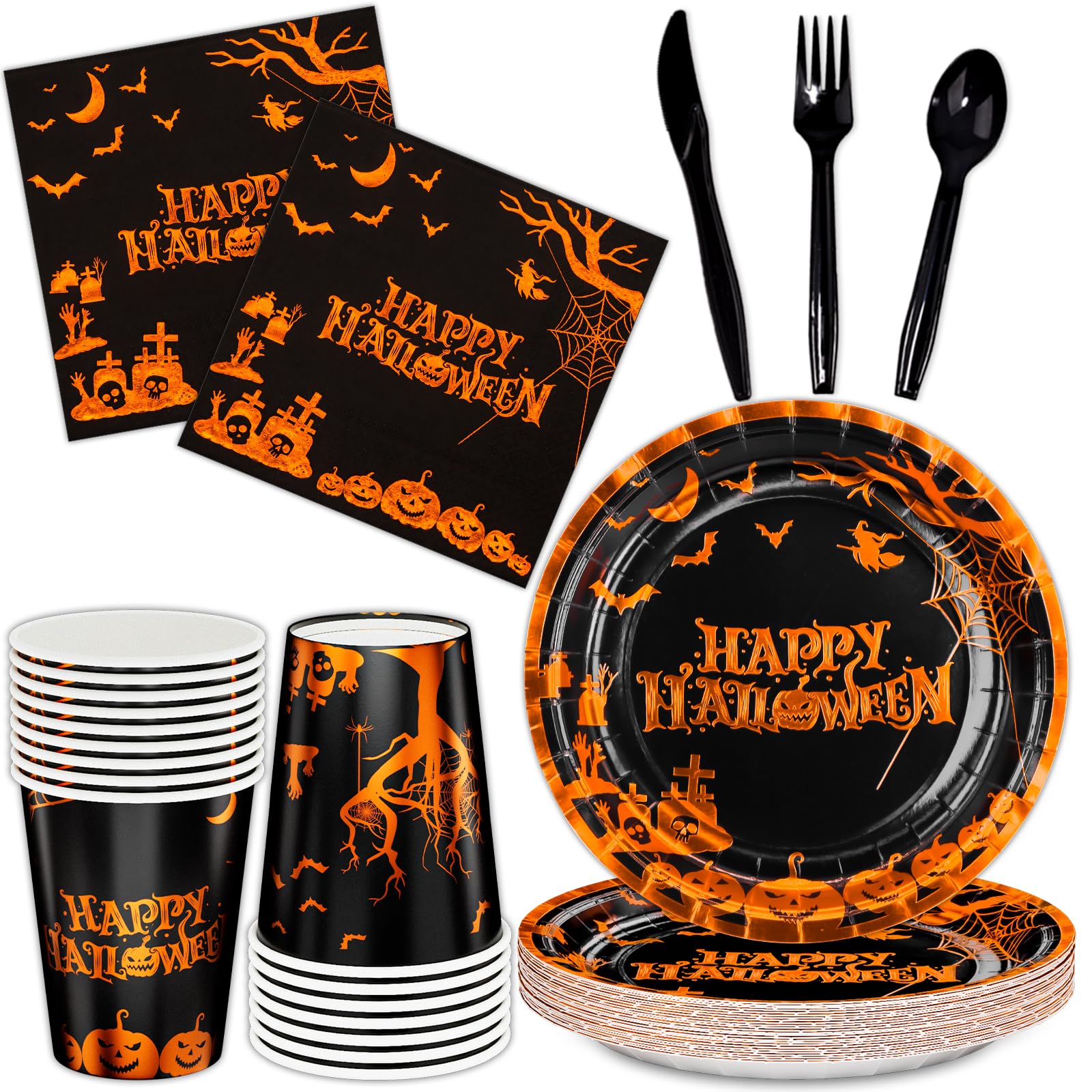 DYLIVeS Halloween Party Supplies, Orange Gold Foil Halloween Pumpkin Cemetery Bats Dinnerware, Includes 9" Plates, Napkins Cups Cutlery Halloween Birthday Party Decorations for Kids Adults, Serve 24