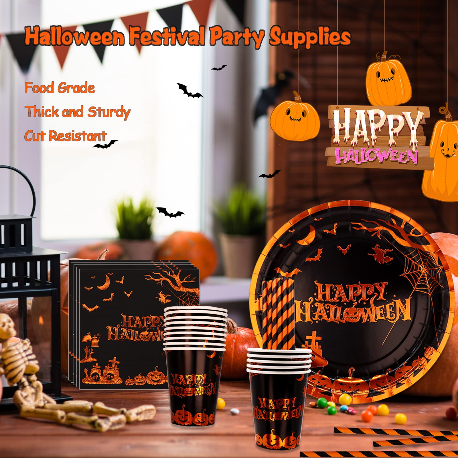 DYLIVeS Halloween Party Supplies, Orange Gold Foil Halloween Pumpkin Cemetery Bats Dinnerware, Includes 9" Plates, Napkins Cups Cutlery Halloween Birthday Party Decorations for Kids Adults, Serve 24