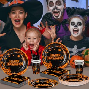 DYLIVeS Halloween Party Supplies, Orange Gold Foil Halloween Pumpkin Cemetery Bats Dinnerware, Includes 9" Plates, Napkins Cups Cutlery Halloween Birthday Party Decorations for Kids Adults, Serve 24