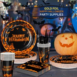 DYLIVeS Halloween Party Supplies, Orange Gold Foil Halloween Pumpkin Cemetery Bats Dinnerware, Includes 9" Plates, Napkins Cups Cutlery Halloween Birthday Party Decorations for Kids Adults, Serve 24