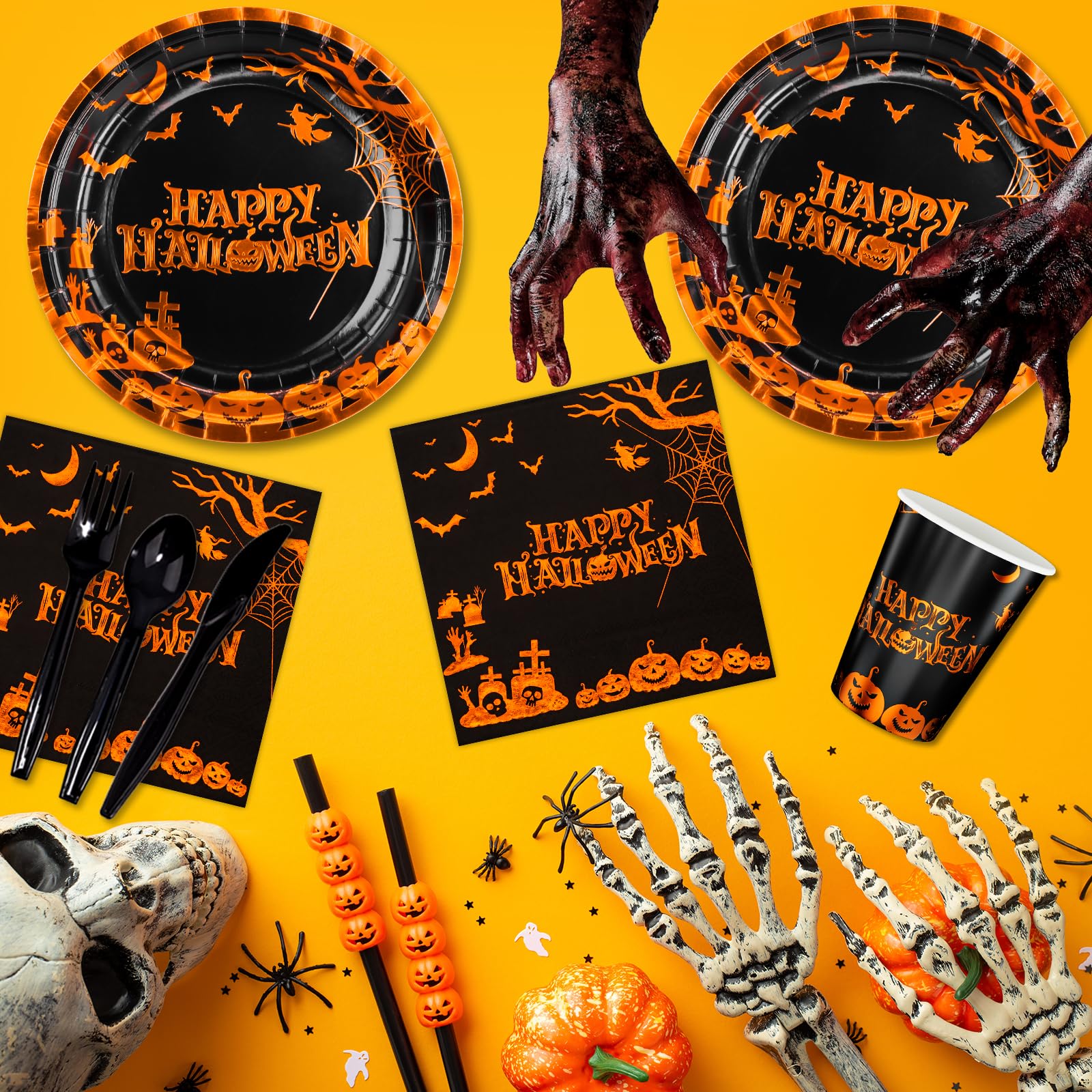 DYLIVeS Halloween Party Supplies, Orange Gold Foil Halloween Pumpkin Cemetery Bats Dinnerware, Includes 9" Plates, Napkins Cups Cutlery Halloween Birthday Party Decorations for Kids Adults, Serve 24