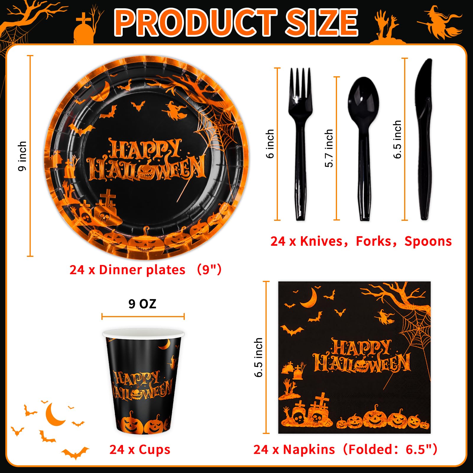 DYLIVeS Halloween Party Supplies, Orange Gold Foil Halloween Pumpkin Cemetery Bats Dinnerware, Includes 9" Plates, Napkins Cups Cutlery Halloween Birthday Party Decorations for Kids Adults, Serve 24