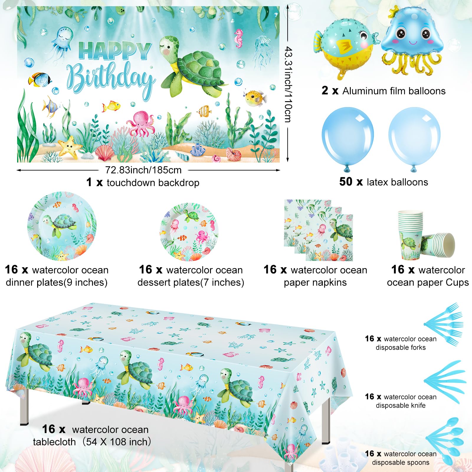 Libima 166 Pcs Sea Turtle Birthday Party Decorations Under the Sea Party Tableware Set Ocean Turtle Backdrop Banner with Blue Balloons Arch Garland Kit for Underwater Animal Baby Shower Party Supplies