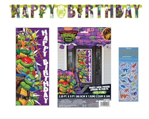 TMNT Teenage Mutant Ninja Turtles Birthday Party Supplies Bundle includes 1 Party Door Poster, 1 Happy Birthday Banner, 1 Dinosaur Sticker Sheet