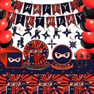 162 pcs ninja birthday party decoration set ninja warrior party supplies kit includes ninja master tableware tablecloth hanging banners foil swirls cutouts balloons for kids boys karate party favors