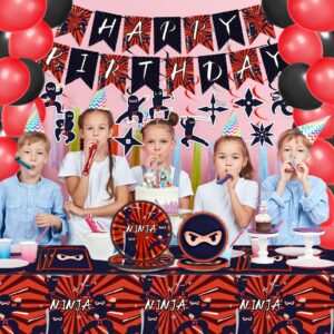 162 Pcs Ninja Birthday Party Decoration Set Ninja Warrior Party Supplies Kit Includes Ninja Master Tableware Tablecloth Hanging Banners Foil Swirls Cutouts Balloons for Kids Boys Karate Party Favors