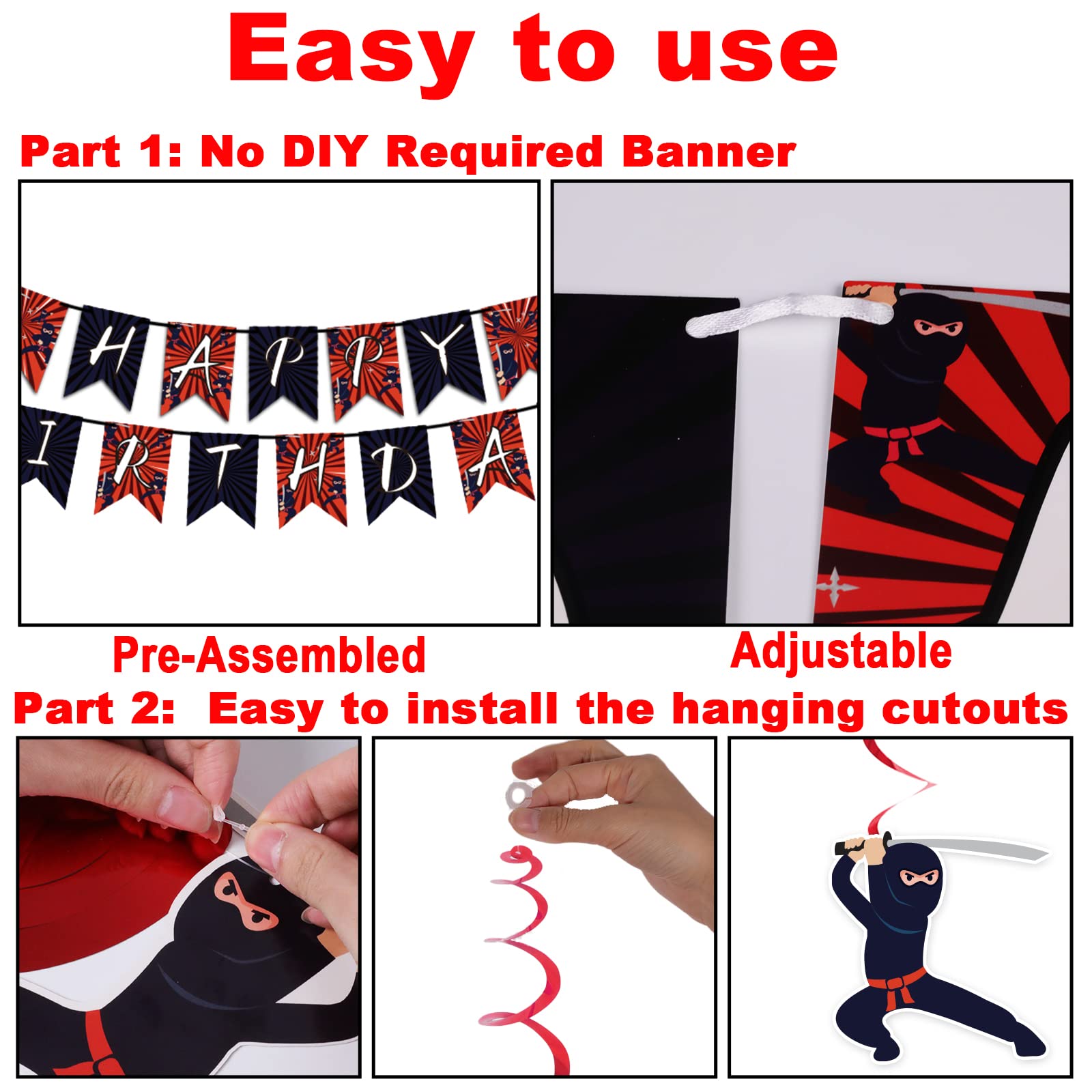 162 Pcs Ninja Birthday Party Decoration Set Ninja Warrior Party Supplies Kit Includes Ninja Master Tableware Tablecloth Hanging Banners Foil Swirls Cutouts Balloons for Kids Boys Karate Party Favors