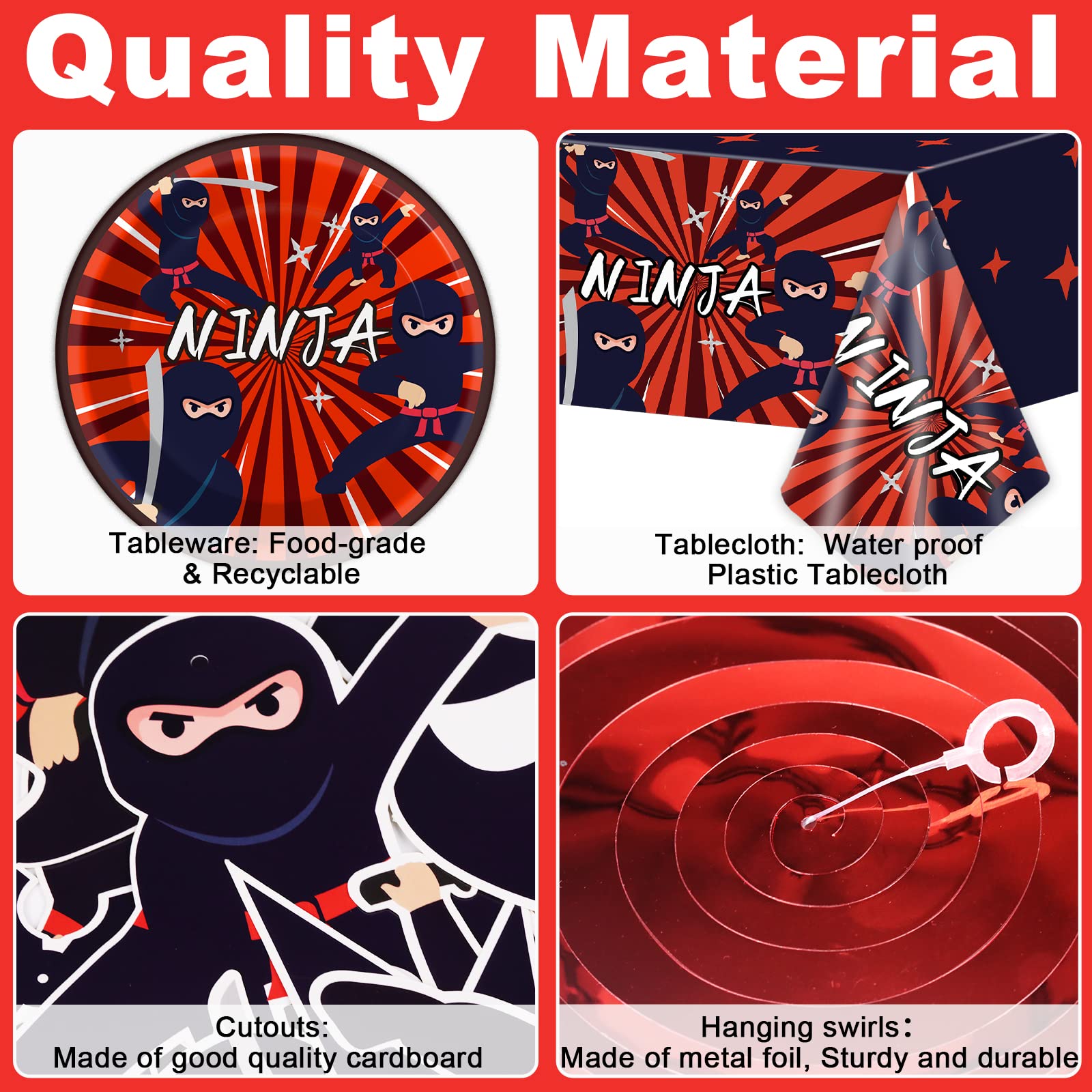 162 Pcs Ninja Birthday Party Decoration Set Ninja Warrior Party Supplies Kit Includes Ninja Master Tableware Tablecloth Hanging Banners Foil Swirls Cutouts Balloons for Kids Boys Karate Party Favors