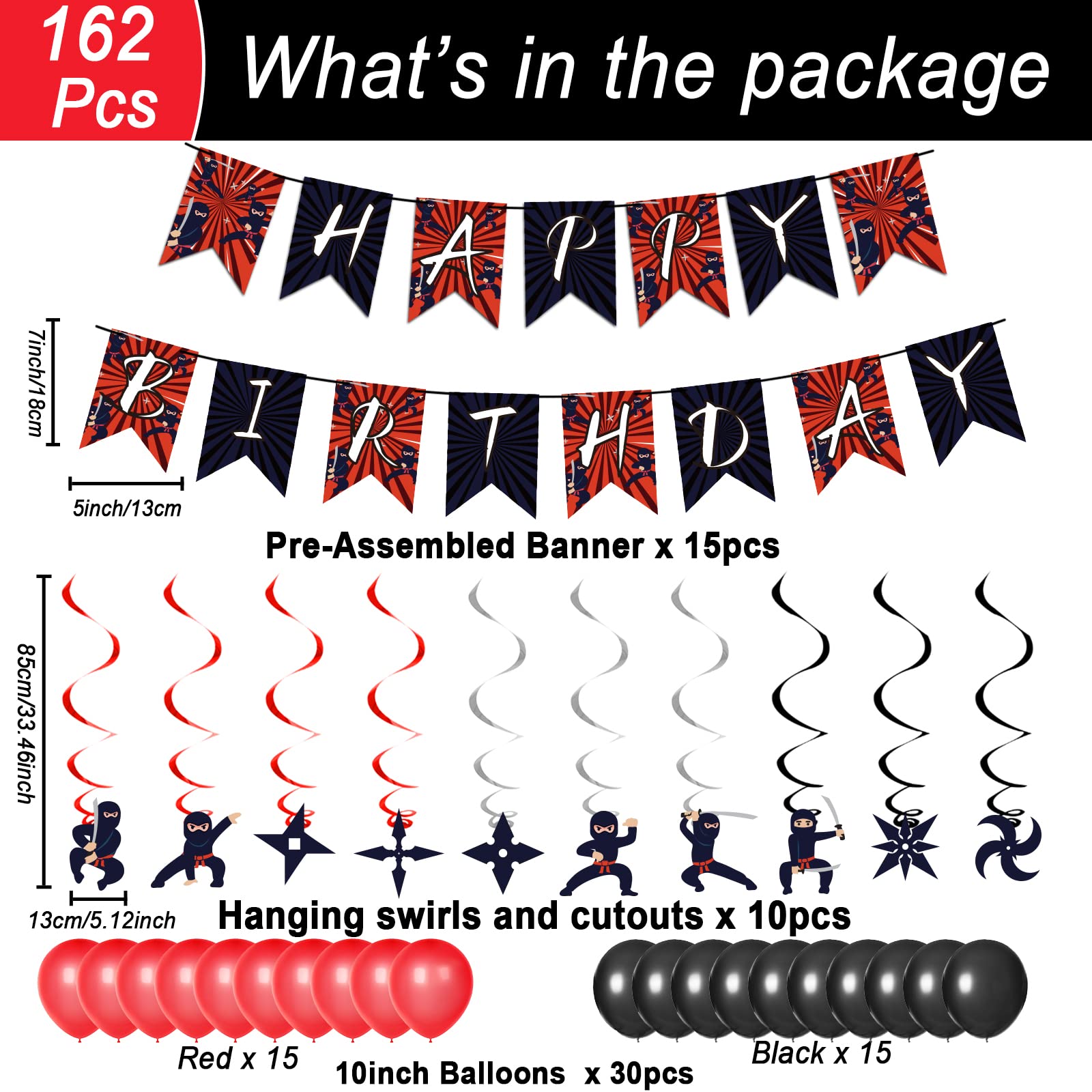 162 Pcs Ninja Birthday Party Decoration Set Ninja Warrior Party Supplies Kit Includes Ninja Master Tableware Tablecloth Hanging Banners Foil Swirls Cutouts Balloons for Kids Boys Karate Party Favors