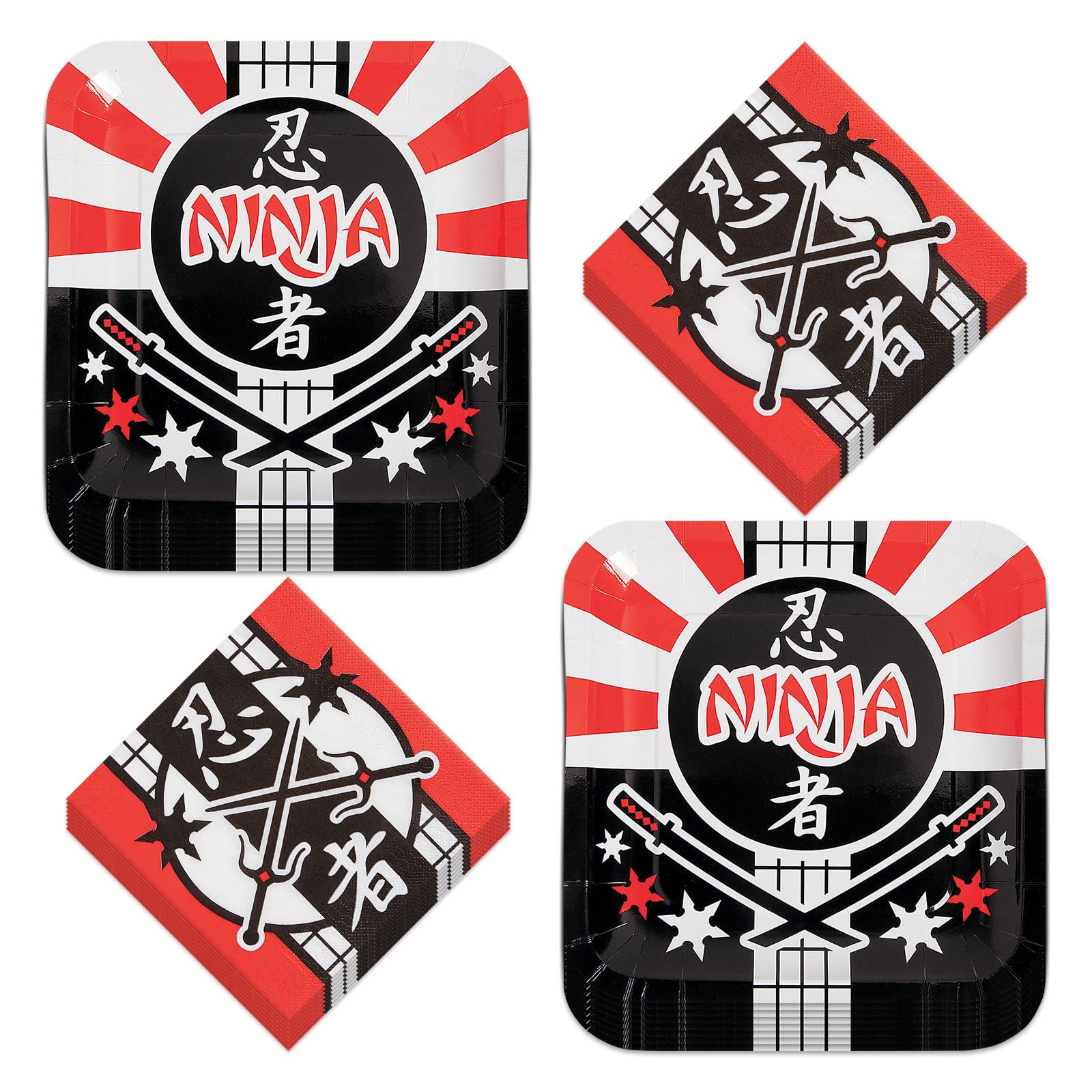 HOME & HOOPLA Ninja Warrior Party Square Paper Dinner Plates and Lunch Napkins (Serves 16)