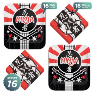 HOME & HOOPLA Ninja Warrior Party Square Paper Dinner Plates and Lunch Napkins (Serves 16)