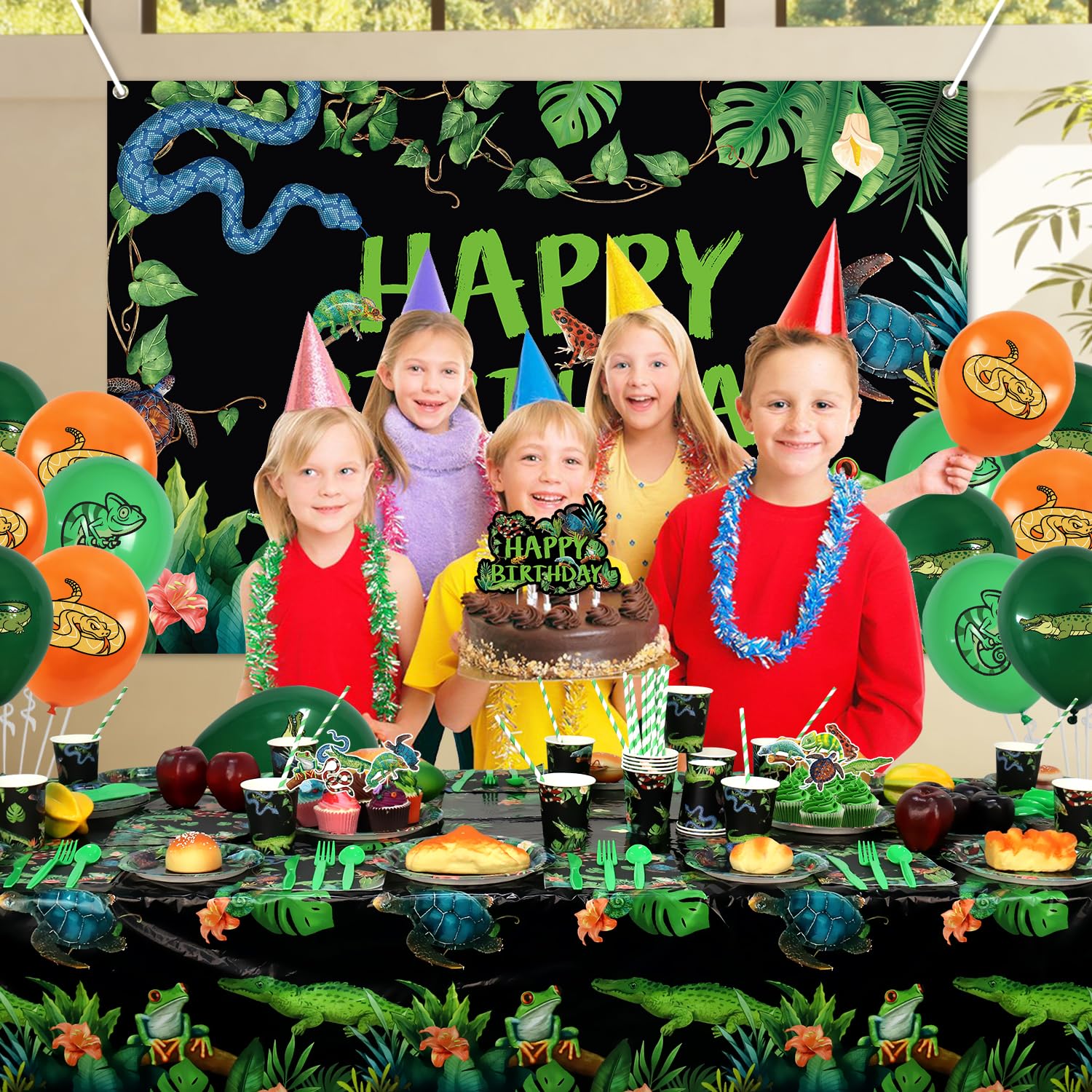 KEFAN Reptile Party Decorations, Wildlife Lizards Snakes Crocodiles Party Tableware Supplies including HAPPY BIRTHDAY Banner, Plates, Cups, Napkins, Tablecloth, Balloons (Backdrop)