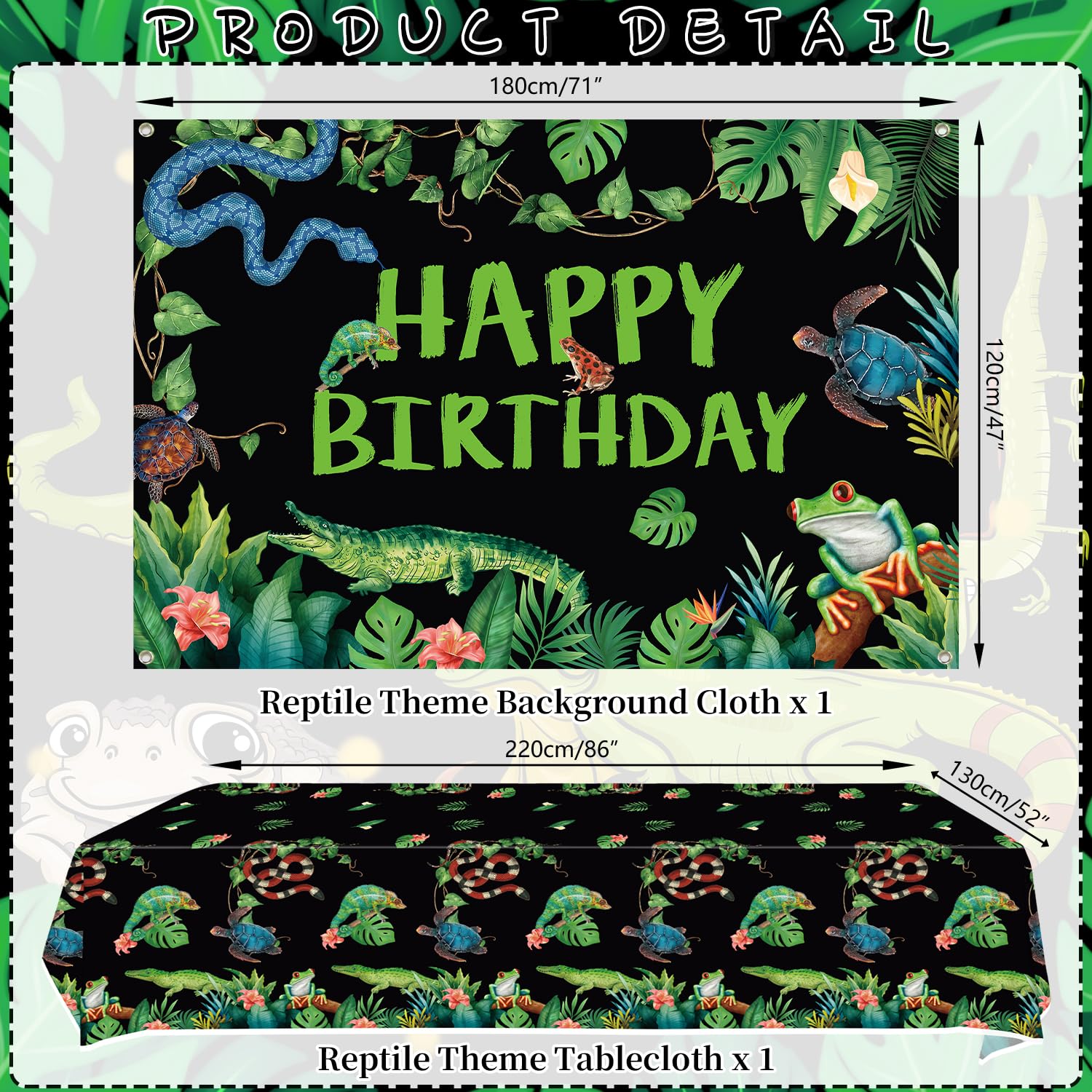 KEFAN Reptile Party Decorations, Wildlife Lizards Snakes Crocodiles Party Tableware Supplies including HAPPY BIRTHDAY Banner, Plates, Cups, Napkins, Tablecloth, Balloons (Backdrop)