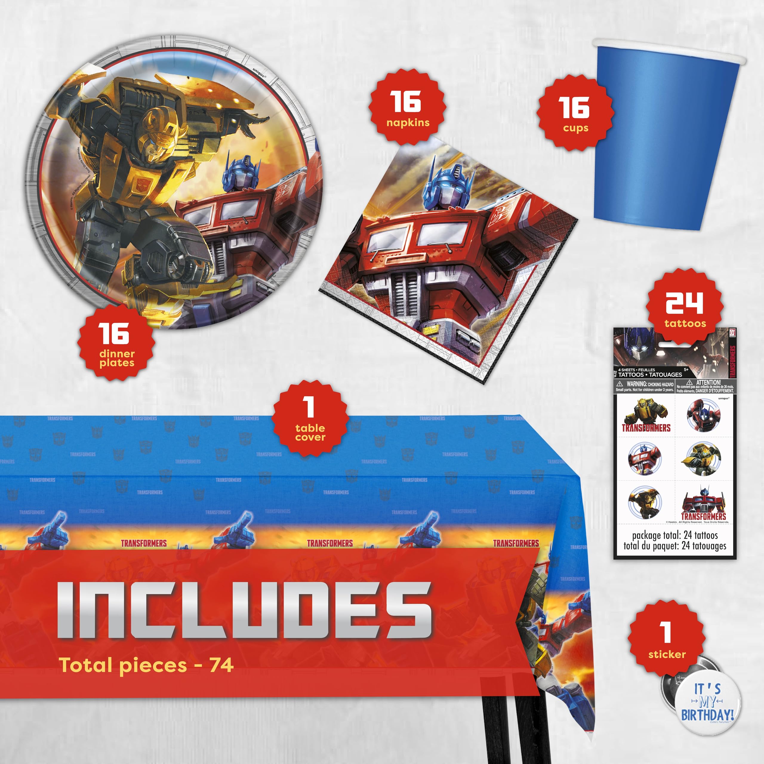 Transformers Birthday Party Supplies | Serves 16 | Transformers Party Supplies | Transformer Tablecover, Plates, Napkins, Cups, Tattoo Party Favors, Button