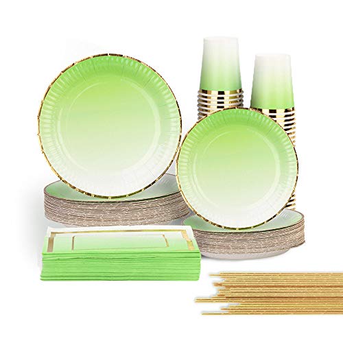 Ottin Ombre Lime Neon Green Party Supplies 50-counts Festive Paper Plates and Napkins Set for Birthday Wedding Engagement Mother's Day Baby Shower