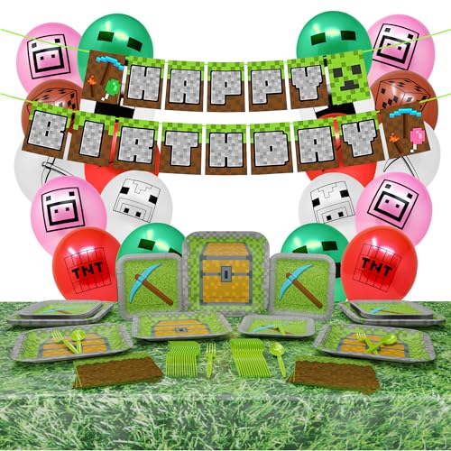 Mining Fun Ultimate Party Supplies Pack (123 Pieces for 16 Guests) - Gamer Party Supplies, Gamer Birthday Decorations, Mining Craft Party, Pixel Miner Party, Gamer Birthday Party, Blue Orchards