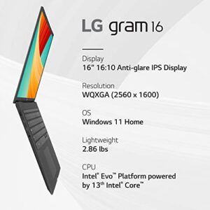 LG gram 16” Lightweight Laptop, Intel 13th Gen Core i7 Evo Platform, Windows 11 Home, 16GB RAM, 512GB SSD, Black