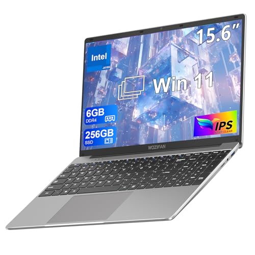 WOZIFAN 15.6 Inch Laptop Computer 6GB DDR4 256GB SSD 1920x1080 IPS Display Win 11 Laptop Celeron J4105 1.5Ghz(Up to 2.5Ghz) 4-Core Processor Notebook 2.4G+5G WiFi BT4.2 Adapter Wireless Mouse-Gray