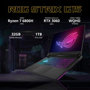 ASUS ROG Strix G15 15.6" 165Hz WQHD Gaming Laptop, AMD Ryzen7 6800H, GeForce RTX 3060, 32GB DDR5, 1TB SSD, RGB Keyboard, VR-Ready, Gray, Win 11 Pro, 128GB Hotface Extension Set