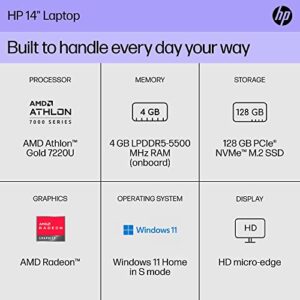 HP 14 inch Laptop, HD Display, AMD Athlon Gold 7220U, 4 GB RAM, 128 GB SSD, AMD Radeon Graphics, Windows 11 Home in S Mode, 14-em0010nr (2023),Silver