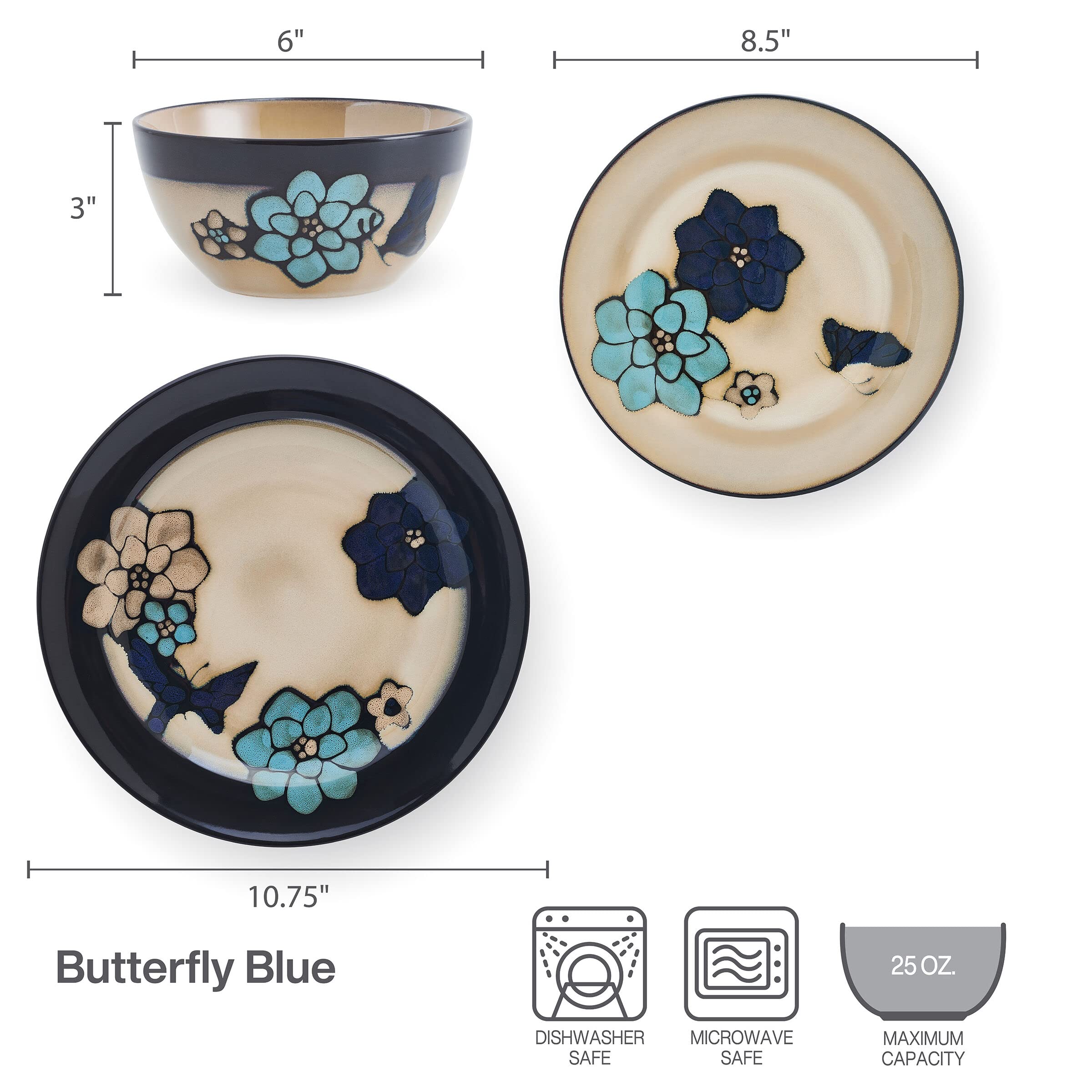 Pfaltzgraff Painted Butterfly 12 Piece Dinnerware Set, Service for 4