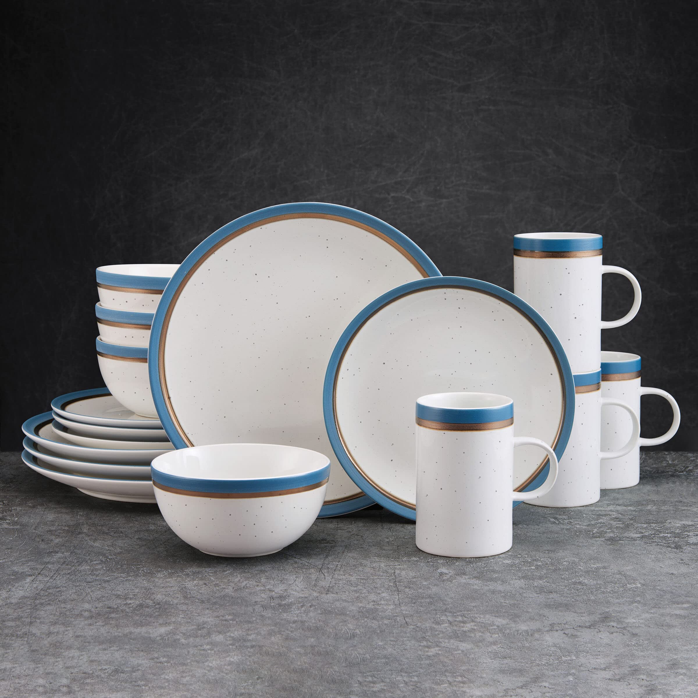 Pfaltzgraff Ezra Speckled 16 Piece Dinnerware Set, Service for 4, Blue Banded