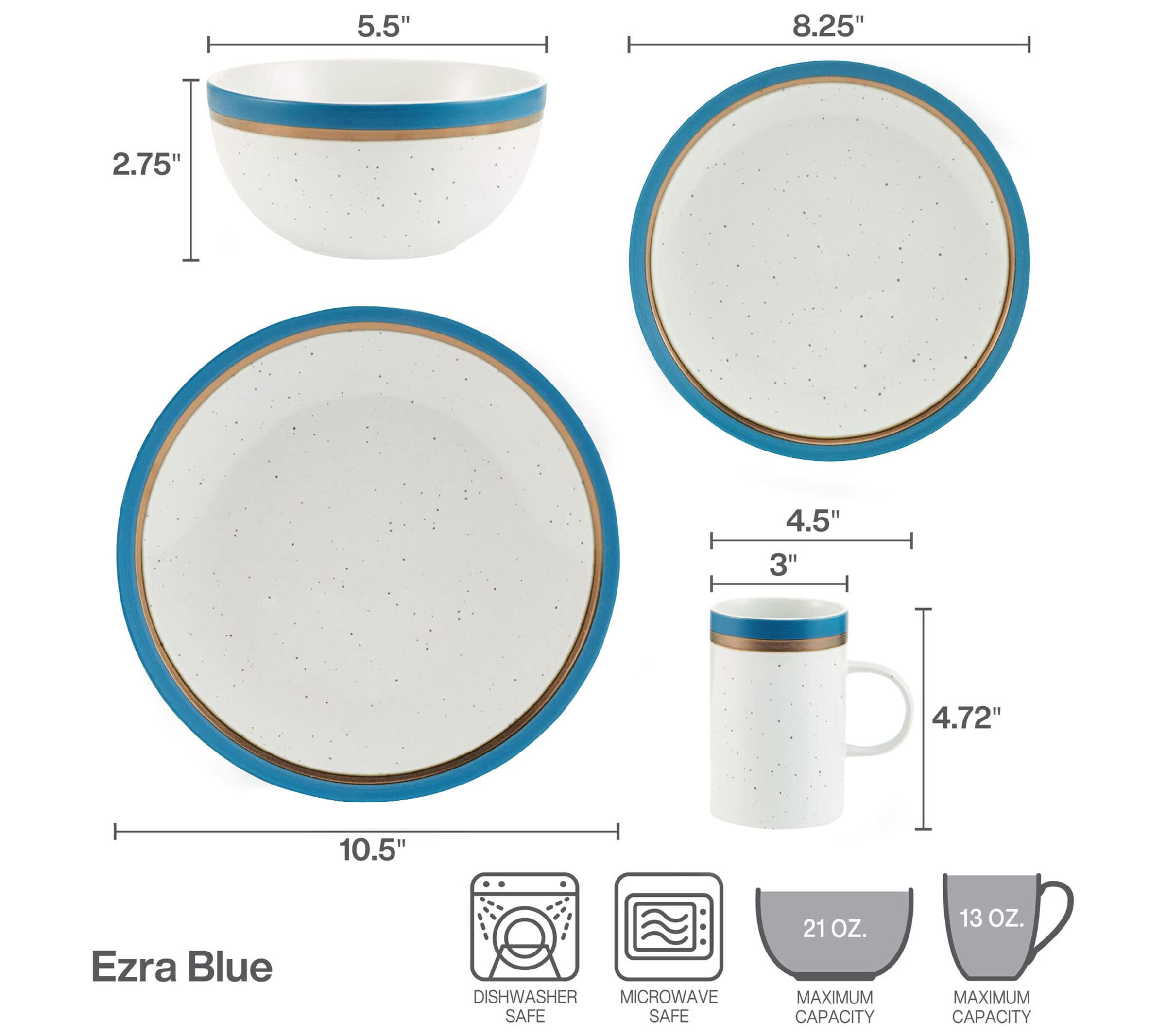 Pfaltzgraff Ezra Speckled 16 Piece Dinnerware Set, Service for 4, Blue Banded