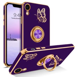 bentoben iphone xr case, phone case iphone xr 6.1, slim fit gold butterfly design kickstand ring holder shockproof protection soft tpu bumper drop protective girl women boy iphonexr cover, deep purple