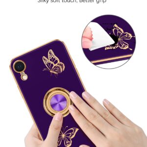 BENTOBEN iPhone XR Case, Phone Case iPhone XR 6.1, Slim Fit Gold Butterfly Design Kickstand Ring Holder Shockproof Protection Soft TPU Bumper Drop Protective Girl Women Boy iPhoneXR Cover, Deep Purple