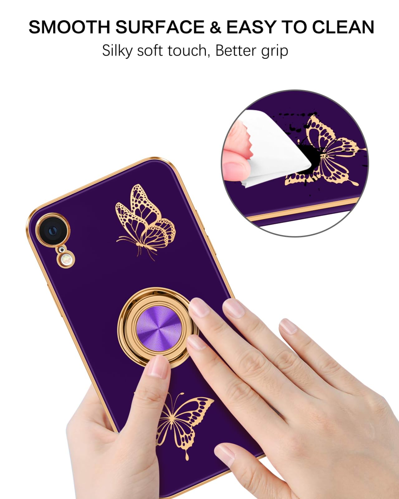 BENTOBEN iPhone XR Case, Phone Case iPhone XR 6.1, Slim Fit Gold Butterfly Design Kickstand Ring Holder Shockproof Protection Soft TPU Bumper Drop Protective Girl Women Boy iPhoneXR Cover, Deep Purple