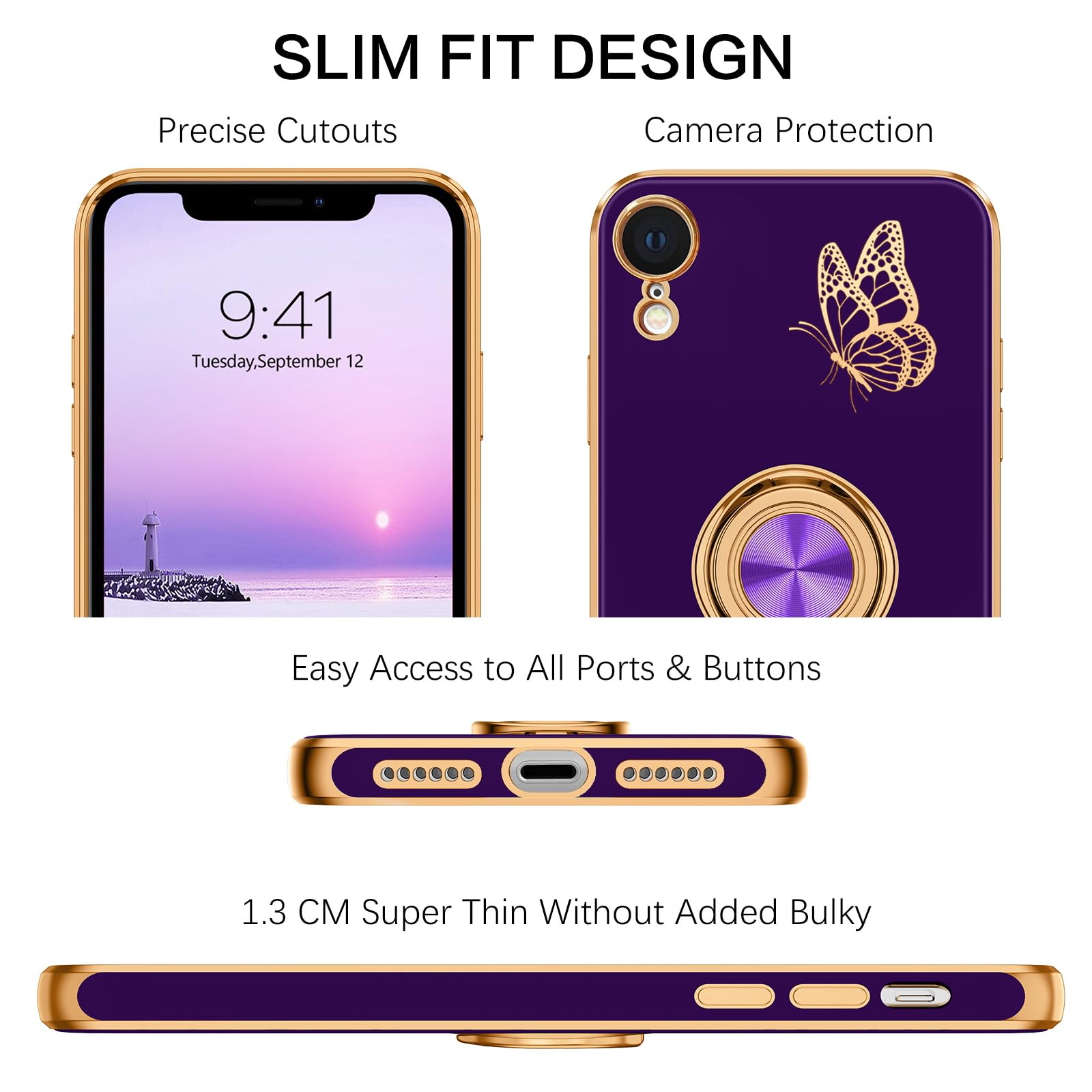 BENTOBEN iPhone XR Case, Phone Case iPhone XR 6.1, Slim Fit Gold Butterfly Design Kickstand Ring Holder Shockproof Protection Soft TPU Bumper Drop Protective Girl Women Boy iPhoneXR Cover, Deep Purple