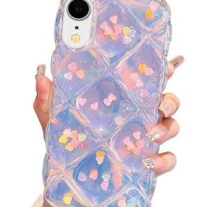 Qokey for iPhone XR Case 6.1",Cute Laser Gradual Bling Love Heart Glitter Clear+Translucent Card Soft Wave Frame Anti-Falling 3D Thick Shockproof Phone Cover for Women(for XR 6.1")