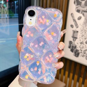 Qokey for iPhone XR Case 6.1",Cute Laser Gradual Bling Love Heart Glitter Clear+Translucent Card Soft Wave Frame Anti-Falling 3D Thick Shockproof Phone Cover for Women(for XR 6.1")