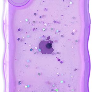 Qokey for iPhone XR Case 6.1 inch Curly Wave Edge Design Transparent Bling Glitter Star Shiny Case Cute Clear Transparent Full Protection Soft TPU Shockproof Phone Cover for Women Girls,Purple