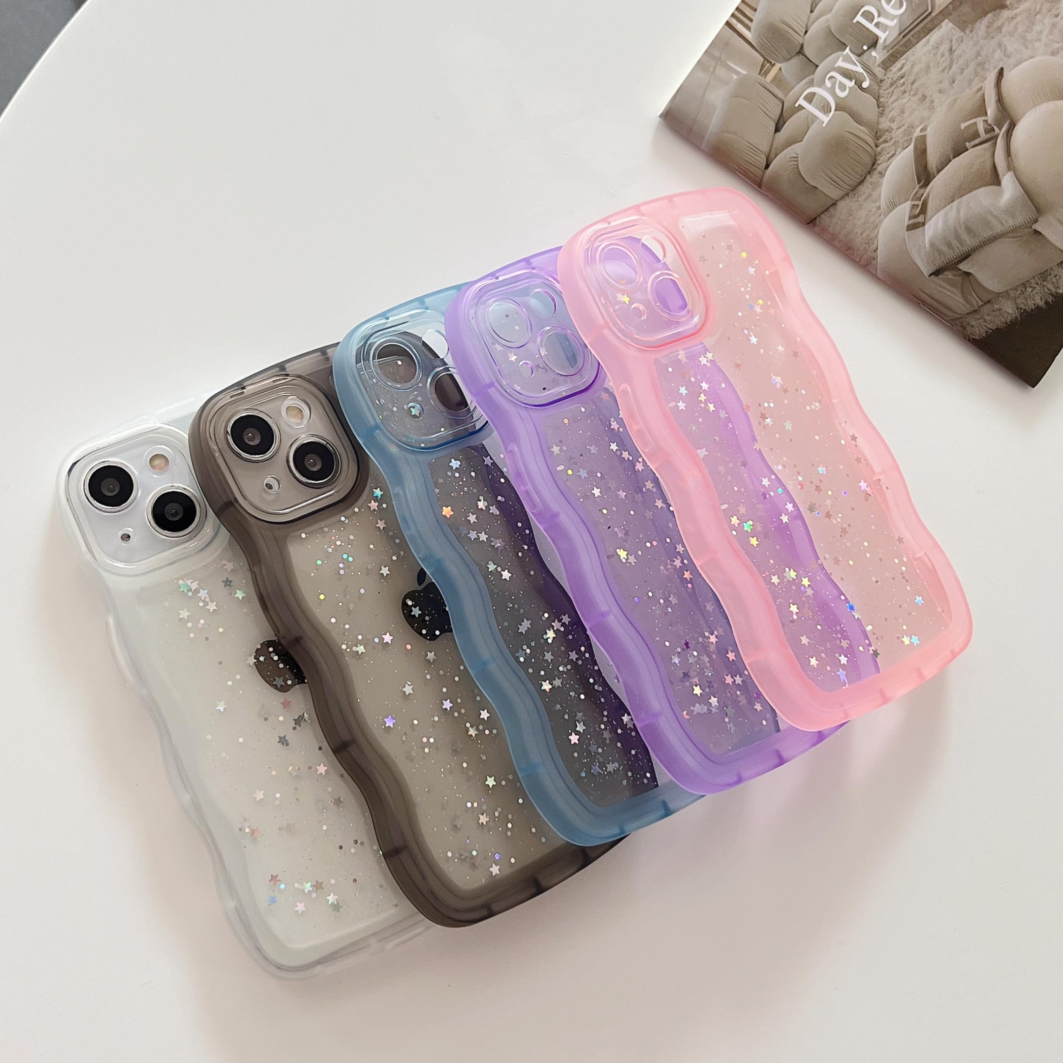 Qokey for iPhone XR Case 6.1 inch Curly Wave Edge Design Transparent Bling Glitter Star Shiny Case Cute Clear Transparent Full Protection Soft TPU Shockproof Phone Cover for Women Girls,Purple