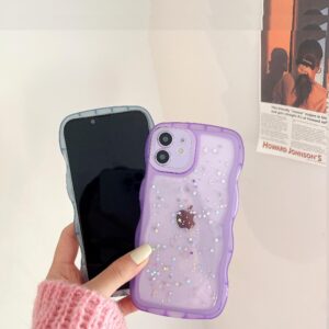 Qokey for iPhone XR Case 6.1 inch Curly Wave Edge Design Transparent Bling Glitter Star Shiny Case Cute Clear Transparent Full Protection Soft TPU Shockproof Phone Cover for Women Girls,Purple