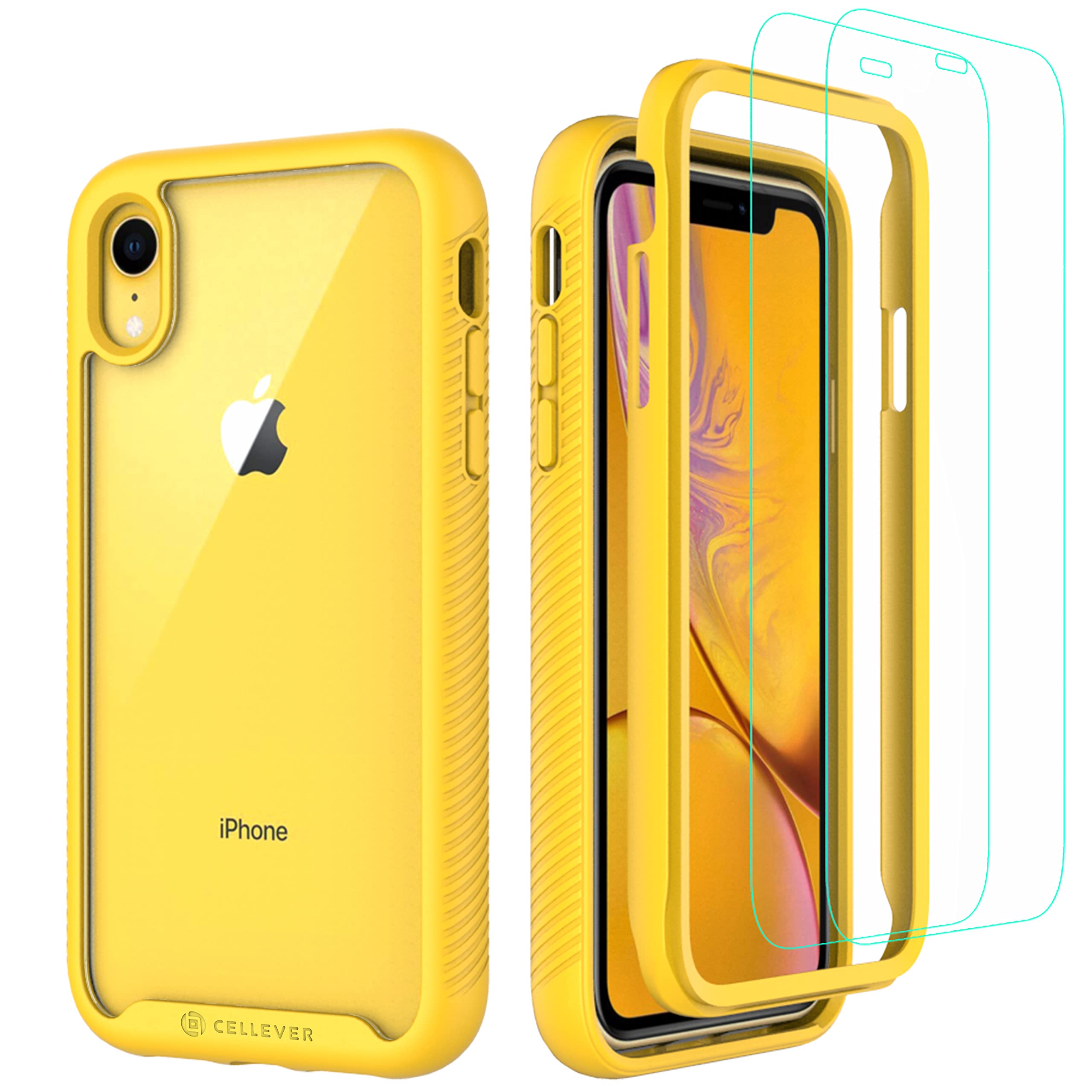 CellEver Clear Full Body Case for iPhone XR, Heavy Duty Protection with Anti-Slip TPU Bumper and [2 Tempered 9H Glass Screen Protectors] Shockproof Transparent Phone Cover 6.1 Inch (Yellow)