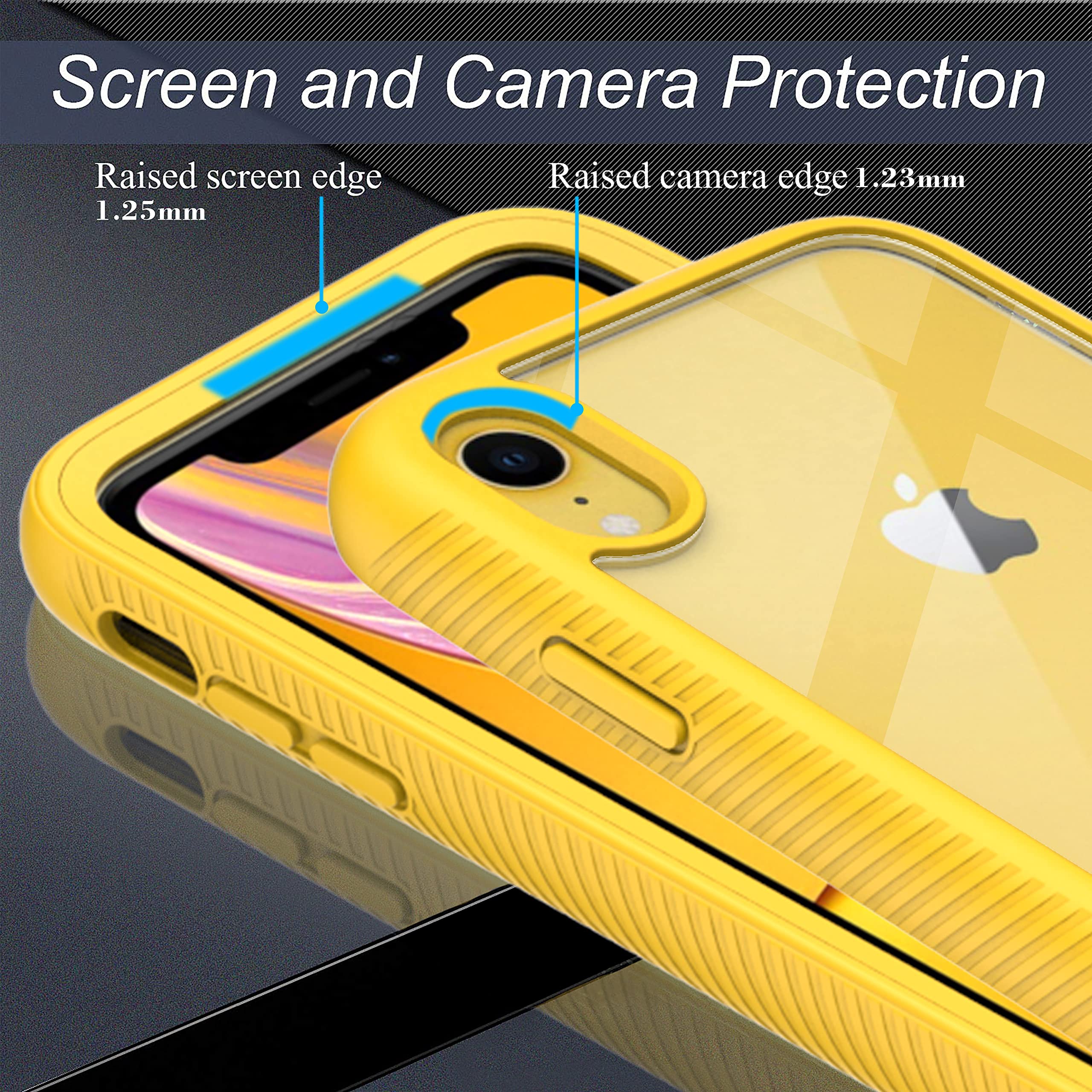 CellEver Clear Full Body Case for iPhone XR, Heavy Duty Protection with Anti-Slip TPU Bumper and [2 Tempered 9H Glass Screen Protectors] Shockproof Transparent Phone Cover 6.1 Inch (Yellow)