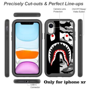 GUGU6JI Street Fashion Cool Camo Black Gray Shark Design Compatible with iPhone XR Case for Boys Luxury Shockproof Rugged Cover Dual Layer Soft TPU + Hard PC Bumper Full-Body Protective Case