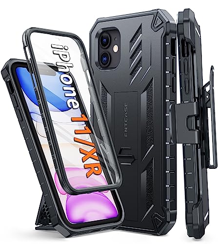 FNTCASE for iPhone 11 Phone Case: for iPhone XR Case with Kickstand & Holster Shockproof Military Grade Protective Cover - Dual Layer Full Protection Sturdy Matte Textured Drop Proof - 6.1 Inch Black