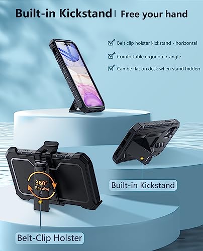 FNTCASE for iPhone 11 Phone Case: for iPhone XR Case with Kickstand & Holster Shockproof Military Grade Protective Cover - Dual Layer Full Protection Sturdy Matte Textured Drop Proof - 6.1 Inch Black