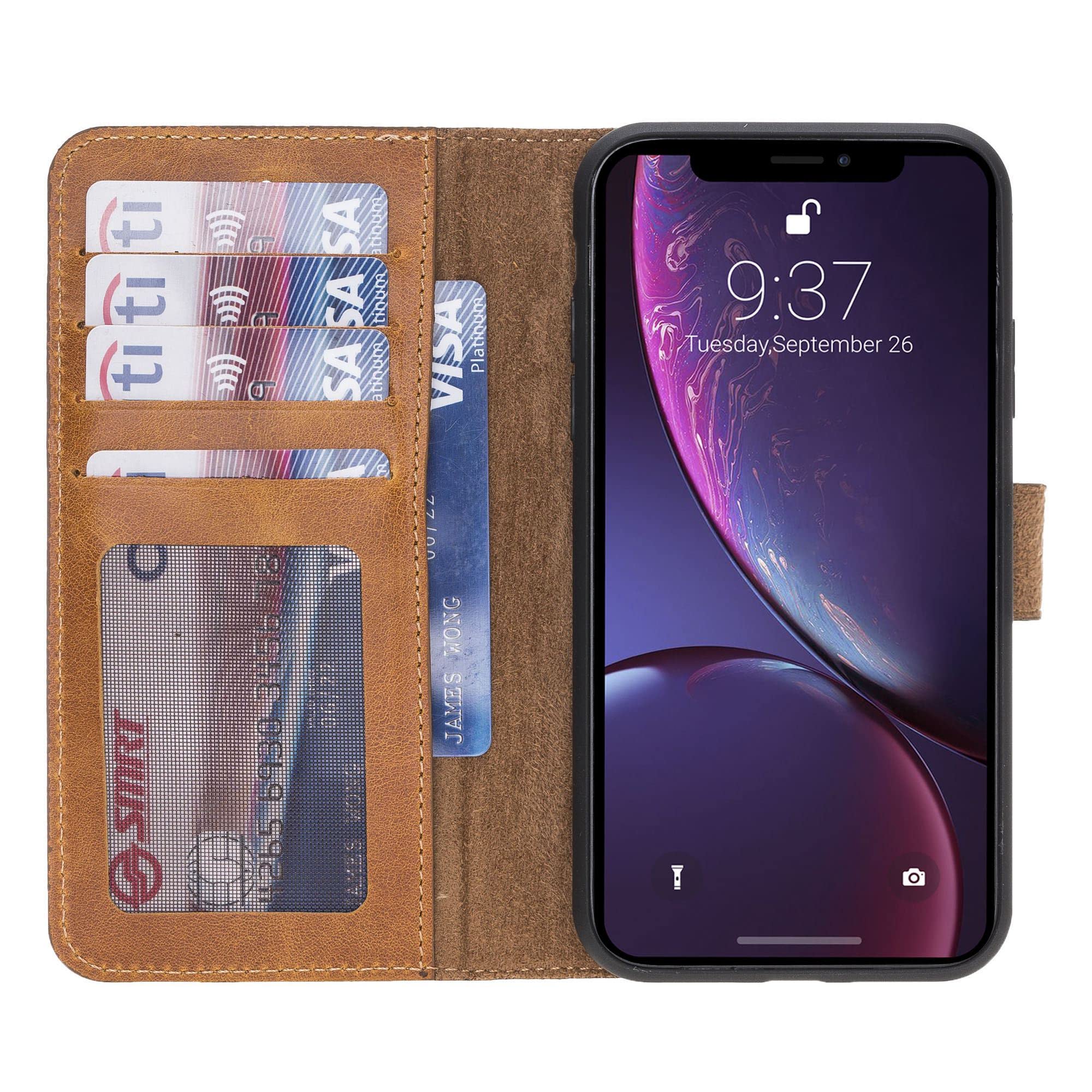 HARDISTON Compatible With iPhone XR Wallet Case, Handmade Genuine Leather, Detachable Magnetic Flip Cover Card Holders, Customizable, Horizontal Kickstand, Wireless Charging, (Amber)