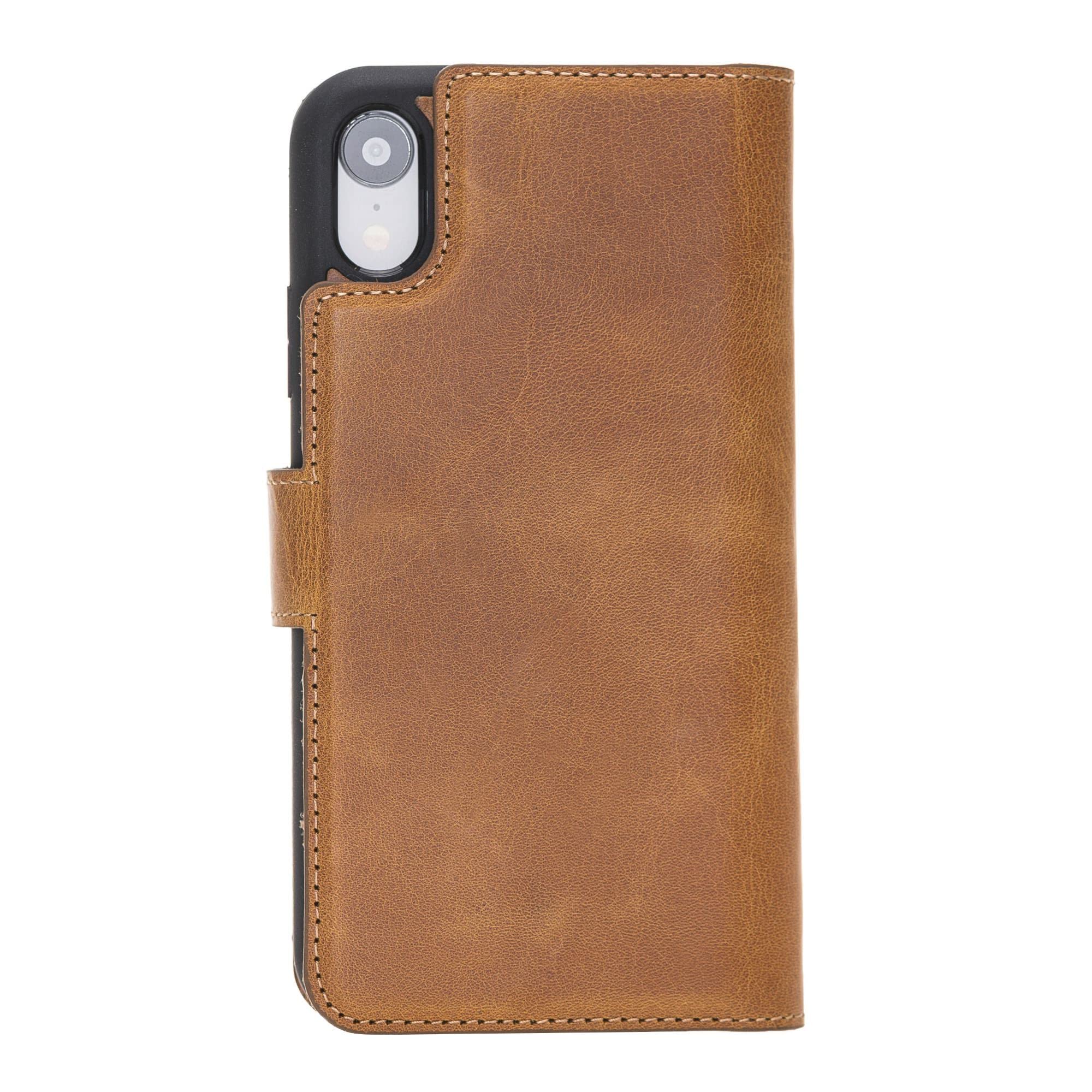 HARDISTON Compatible With iPhone XR Wallet Case, Handmade Genuine Leather, Detachable Magnetic Flip Cover Card Holders, Customizable, Horizontal Kickstand, Wireless Charging, (Amber)