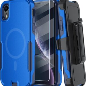 CONWOE for iPhone XR Case with Belt-Clip Holster[2Pcs Glass Screen Protector] [Dual Layer Military Grade Protection] [Support Magsafe] Shockproof Phone Case for iPhone XR 6.1 Inch (dark blue)