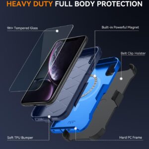 CONWOE for iPhone XR Case with Belt-Clip Holster[2Pcs Glass Screen Protector] [Dual Layer Military Grade Protection] [Support Magsafe] Shockproof Phone Case for iPhone XR 6.1 Inch (dark blue)