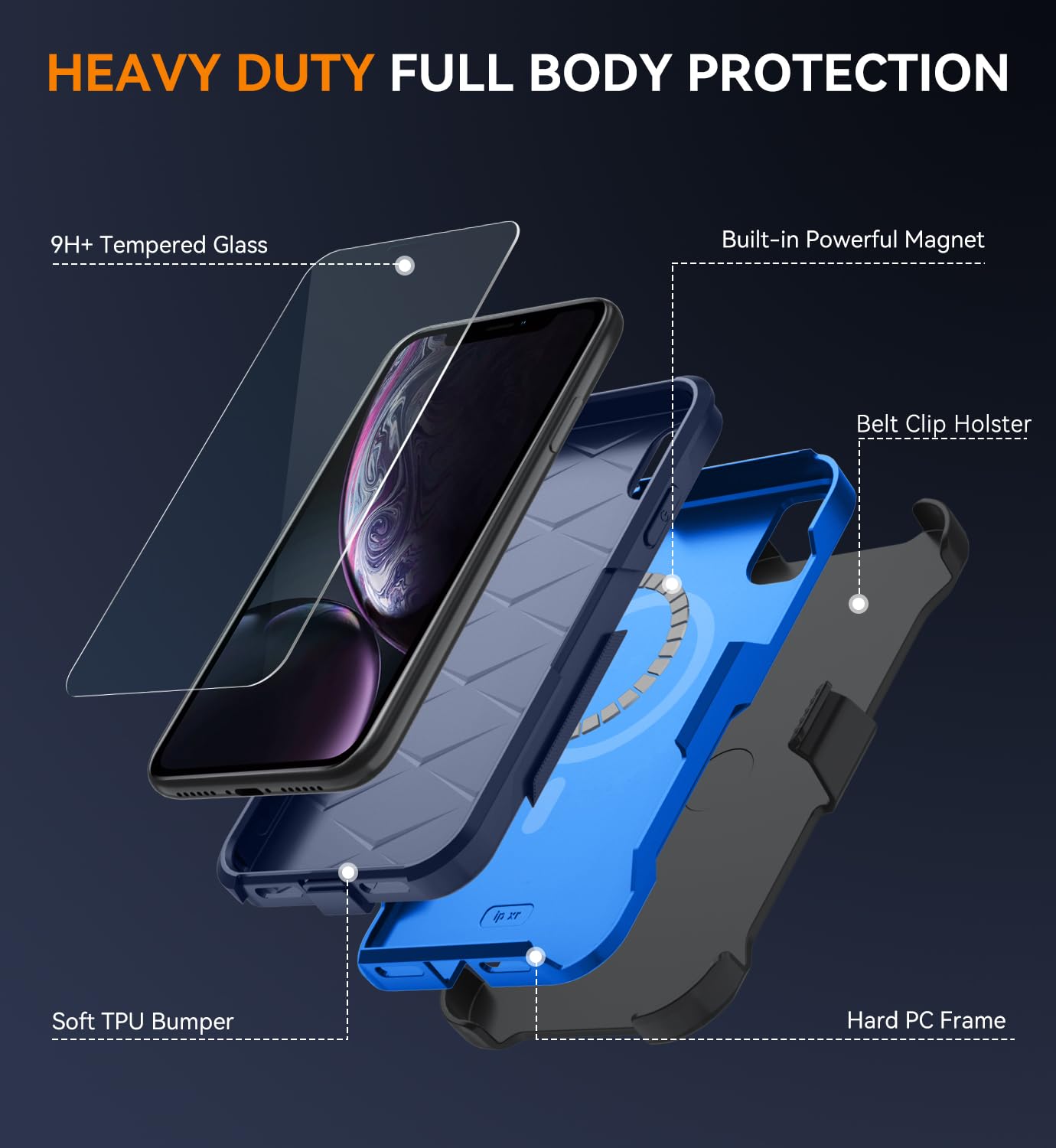 CONWOE for iPhone XR Case with Belt-Clip Holster[2Pcs Glass Screen Protector] [Dual Layer Military Grade Protection] [Support Magsafe] Shockproof Phone Case for iPhone XR 6.1 Inch (dark blue)