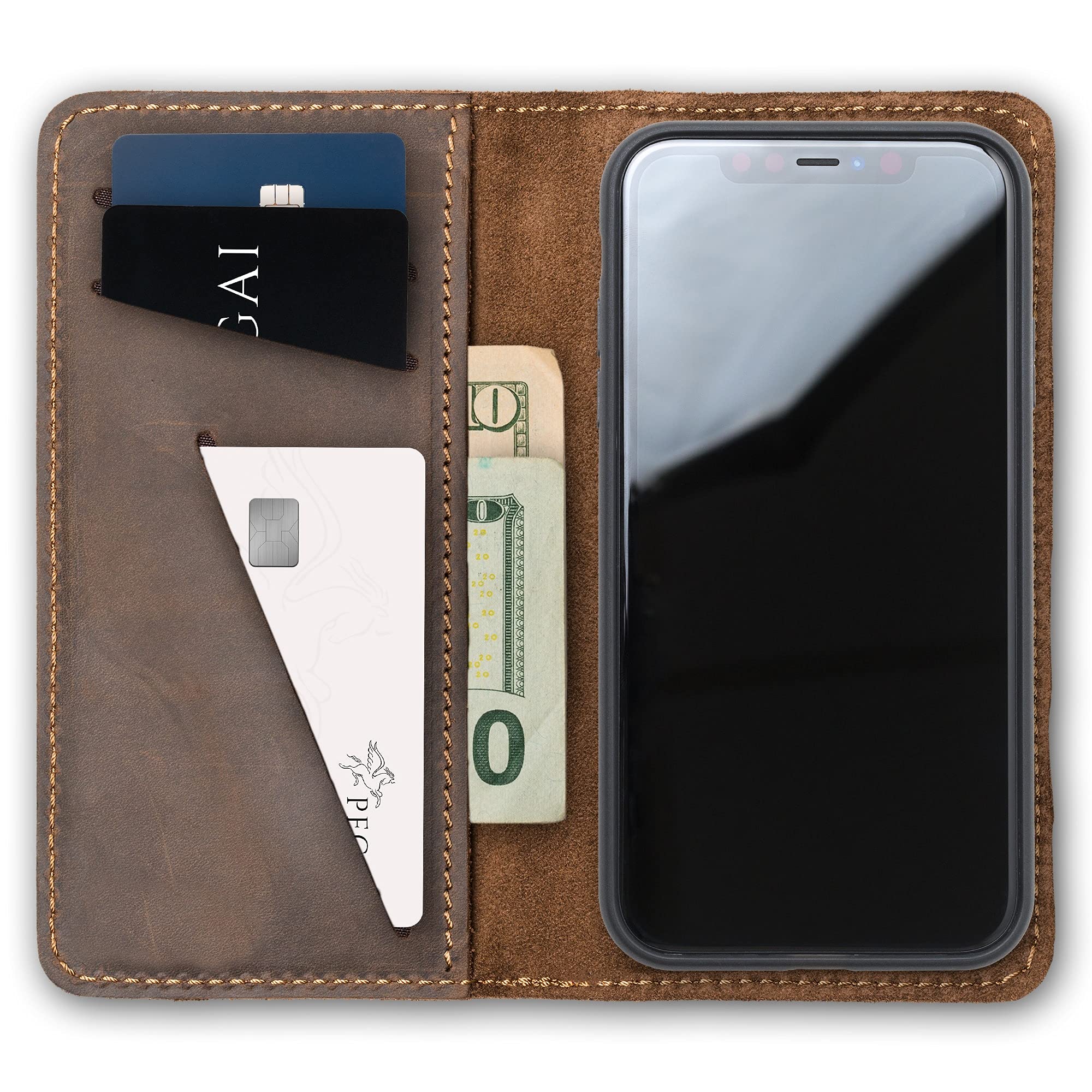 PEGAI Personalized 100% Leather Wallet Case for iPhone XR, with Card Holder, Screen Protector, Handmade, Protective, Magnetic, Wallet Phone Case | McLean Chestnut